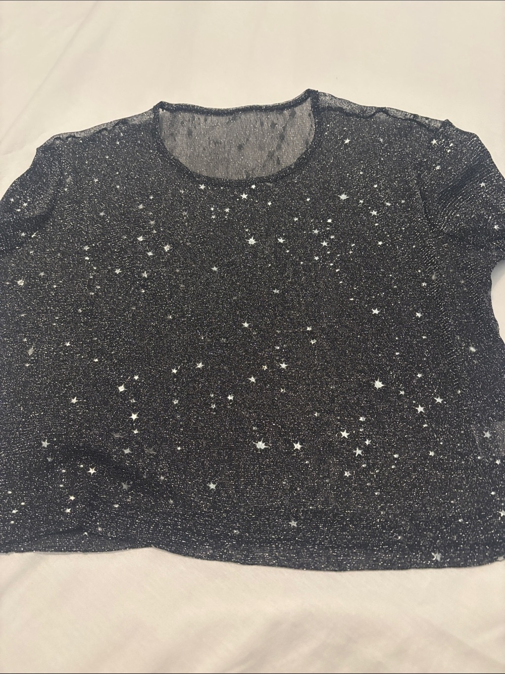 Mango Black Sheer Sequin Long-Sleeve Crop Top SZ XL night out top sparkly stars - Picture 2 of 8